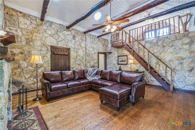 959 Highland Dr, Bandera, TX 78003 - living room with a ceiling fan, hardwood / wood-style flooring, and stairs