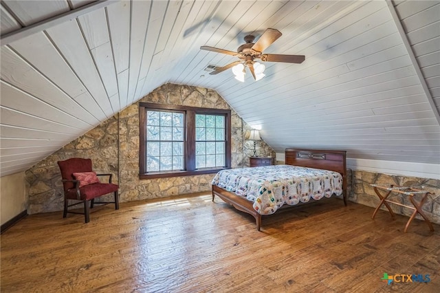 959 Highland Dr, Bandera, TX 78003 - bedroom featuring hardwood / wood-style floors, lofted ceiling, ceiling fan, and wooden ceiling
