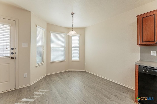 unfurnished dining area featuring light wood-type flooring and a wealth of natural light