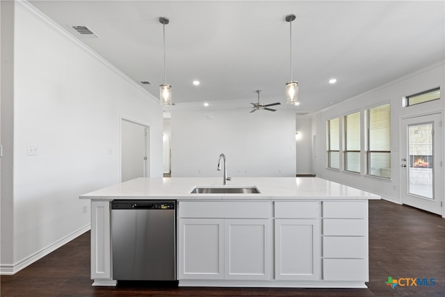 kitchen with sink, stainless steel dishwasher, dark hardwood / wood-style floors, an island with sink, and white cabinetry