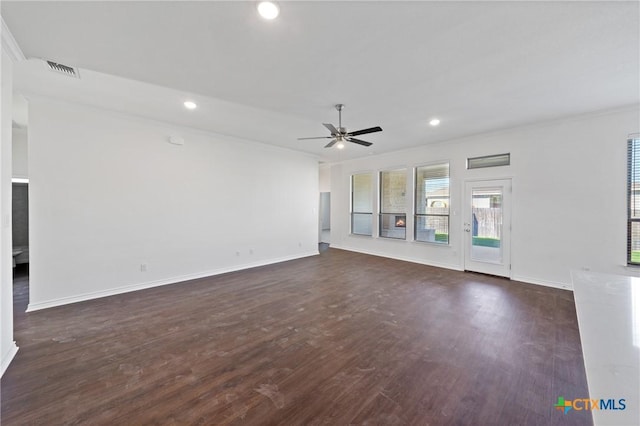 7308 Caladium Dr, Temple, TX 76502 - unfurnished living room with ceiling fan, ornamental molding, recessed lighting, dark wood-style floors, and baseboards