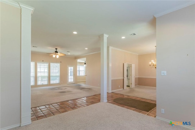 interior space with carpet, decorative columns, ornamental molding, recessed lighting, and ceiling fan with notable chandelier