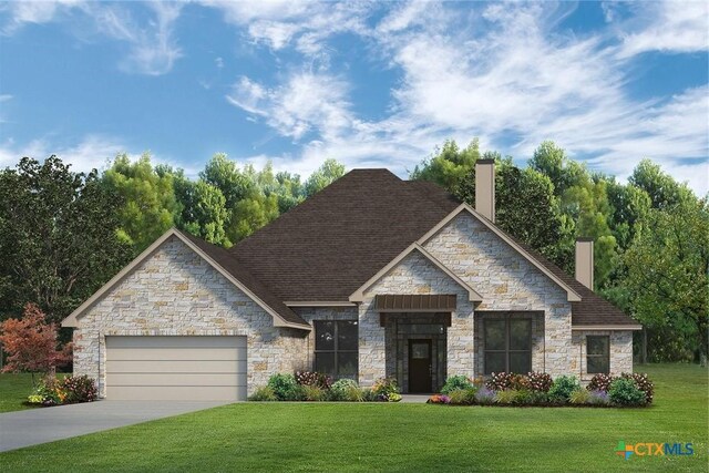 10716 Campsite Cv, Temple, TX 76502 - view of front facade featuring a chimney, stone siding, a garage, a front yard, and concrete driveway