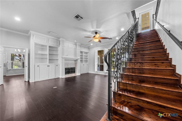 1546 W Fm 93rd Hwy Unit 207, Temple, TX 76502 - unfurnished living room featuring a ceiling fan, stairs, ornamental molding, recessed lighting, and a tile fireplace