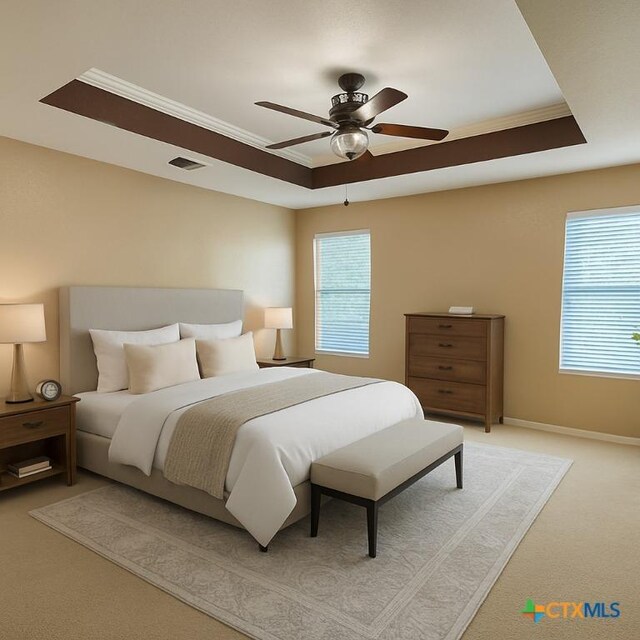 7611 Presidio Crk, Boerne, TX 78015 - bedroom with a raised ceiling, light carpet, and ceiling fan