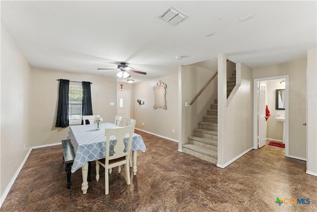 7611 Presidio Crk, Boerne, TX 78015 - dining area featuring visible vents, a ceiling fan, stairs, and baseboards