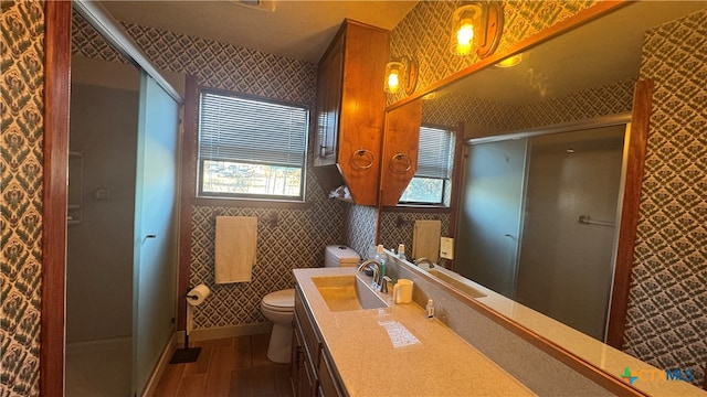 bathroom featuring hardwood / wood-style floors, vanity, toilet, and walk in shower