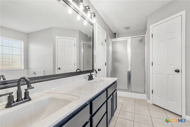 bathroom featuring tile patterned floors, vanity, and an enclosed shower