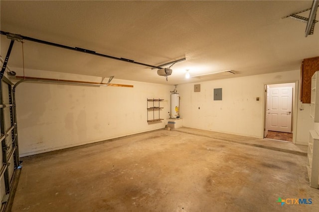 garage with electric panel, gas water heater, and a garage door opener