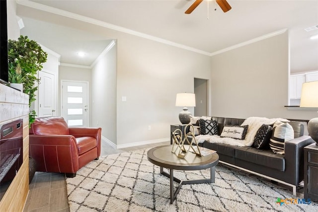 1306 Campbelton Dr, Temple, TX 76504 - living area featuring baseboards, ornamental molding, ceiling fan, and visible vents
