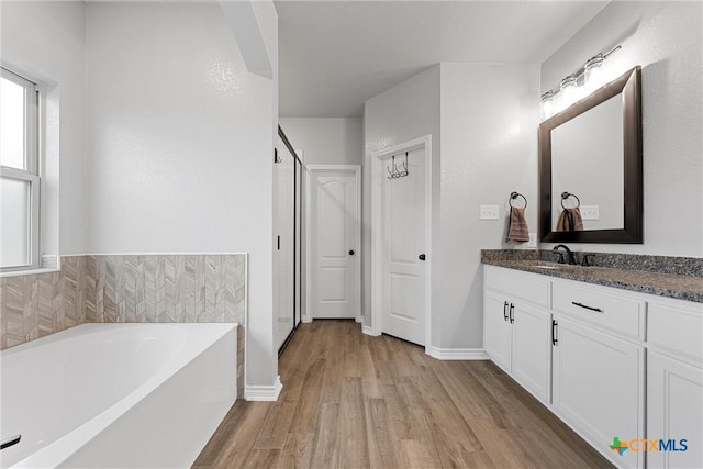 730 Eagle Pass Dr, Salado, TX 76571 - bathroom with hardwood / wood-style flooring, vanity, and independent shower and bath