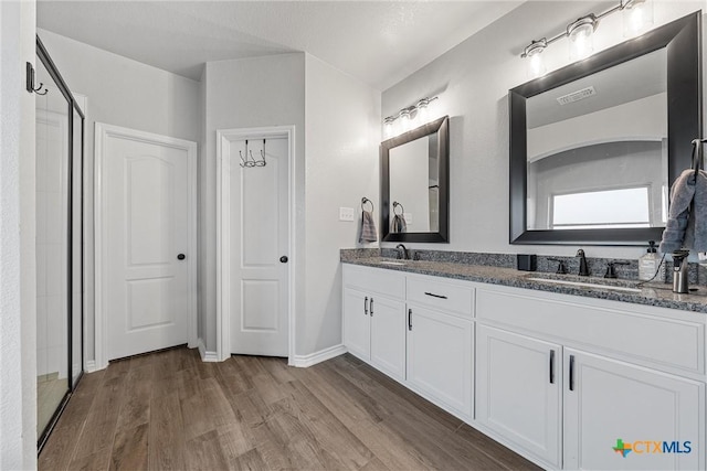 730 Eagle Pass Dr, Salado, TX 76571 - bathroom featuring vanity, hardwood / wood-style floors, and an enclosed shower