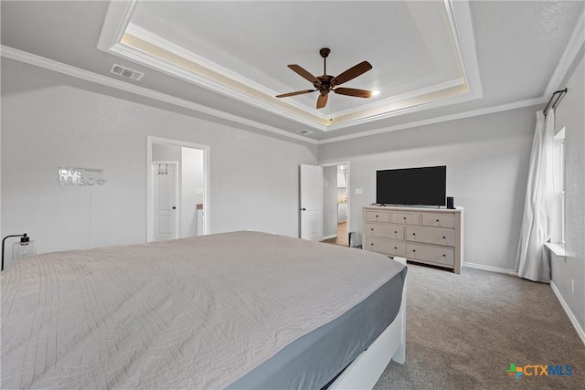730 Eagle Pass Dr, Salado, TX 76571 - carpeted bedroom with ceiling fan, ornamental molding, and a raised ceiling