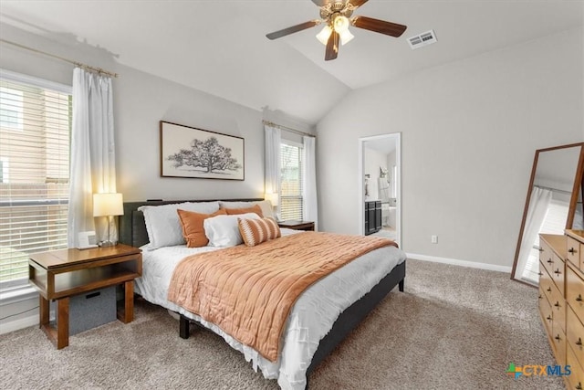 carpeted bedroom with lofted ceiling and ceiling fan