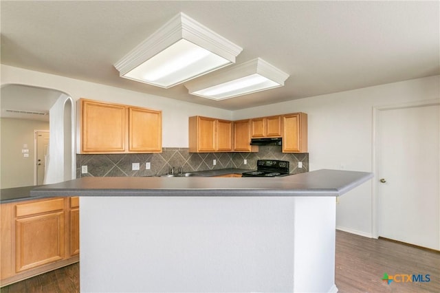 425 Starview St, Temple, TX 76502 - kitchen featuring dark wood-type flooring, arched walkways, under cabinet range hood, and black range with electric cooktop