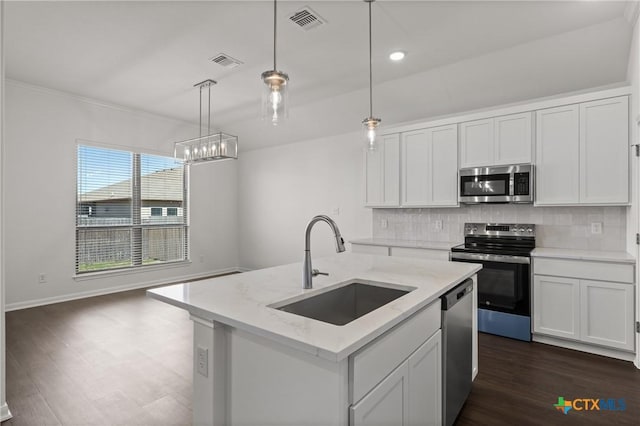 kitchen featuring visible vents, appliances with stainless steel finishes, decorative backsplash, and a sink