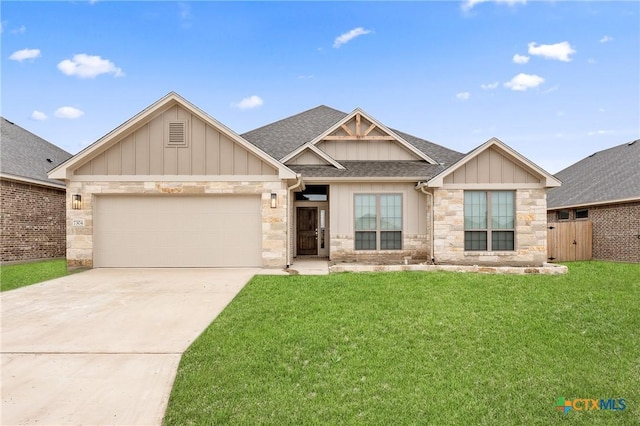 craftsman house featuring roof with shingles, concrete driveway, a garage, stone siding, and a front lawn