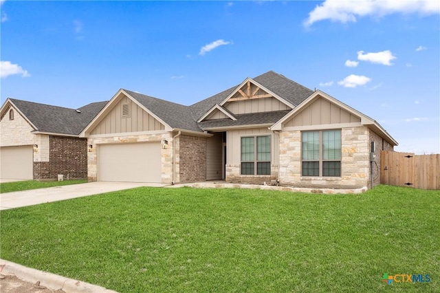 view of front of house featuring board and batten siding, a front yard, driveway, and a shingled roof