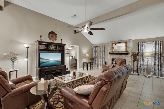 living area with high vaulted ceiling, light tile patterned floors, beamed ceiling, a ceiling fan, and visible vents