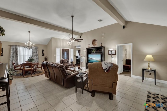 living room featuring light tile patterned floors, visible vents, ceiling fan with notable chandelier, and lofted ceiling with beams