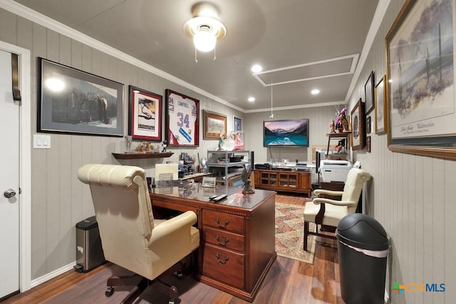 home office featuring recessed lighting, wood finished floors, crown molding, attic access, and ceiling fan