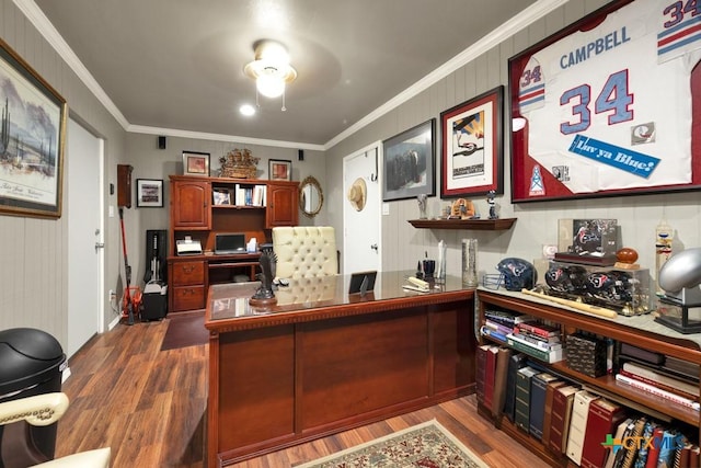 home office with dark wood finished floors and crown molding