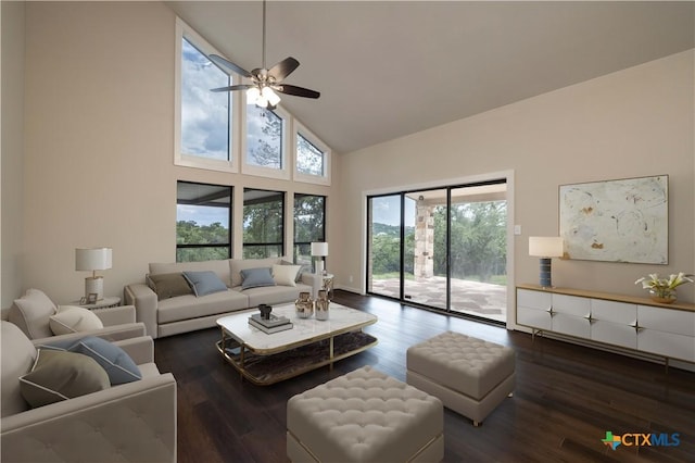 1143 Flaman Rd, Canyon Lake, TX 78133 - living area featuring high vaulted ceiling, ceiling fan, and wood finished floors