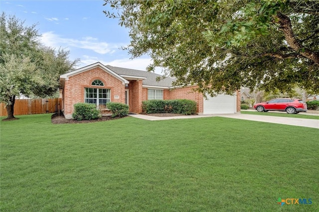 single story home with brick siding, concrete driveway, a front yard, fence, and a garage