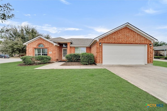 ranch-style home with driveway, a garage, a shingled roof, a front yard, and brick siding