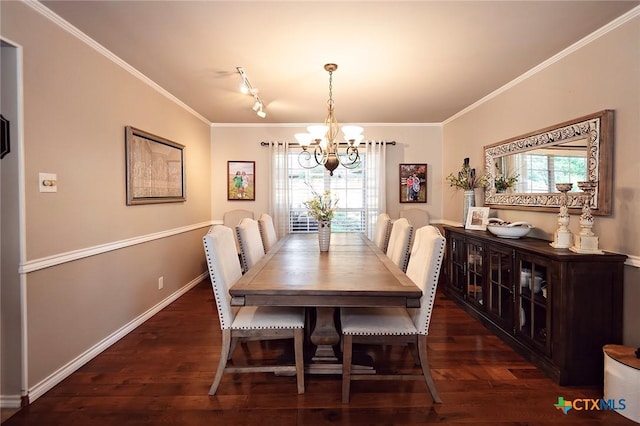 3501 Grizzly Bear Trl, Temple, TX 76502 - dining area with a chandelier, wood finished floors, healthy amount of natural light, ornamental molding, and rail lighting
