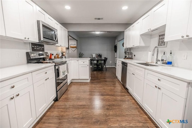 1210 N Milam St, Seguin, TX 78155 - kitchen with appliances with stainless steel finishes, dark wood finished floors, white cabinetry, light countertops, and a peninsula