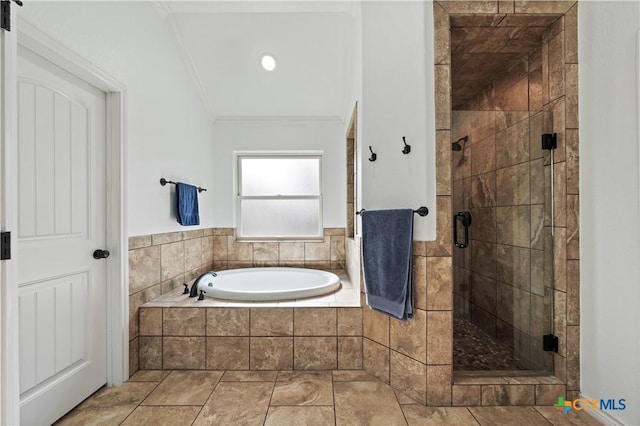 bathroom with plus walk in shower and ornamental molding