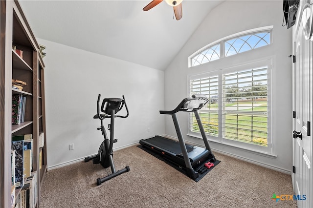 exercise room featuring carpet flooring, ceiling fan, and lofted ceiling