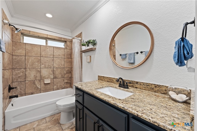 full bathroom with vanity, toilet, ornamental molding, and shower / bath combo