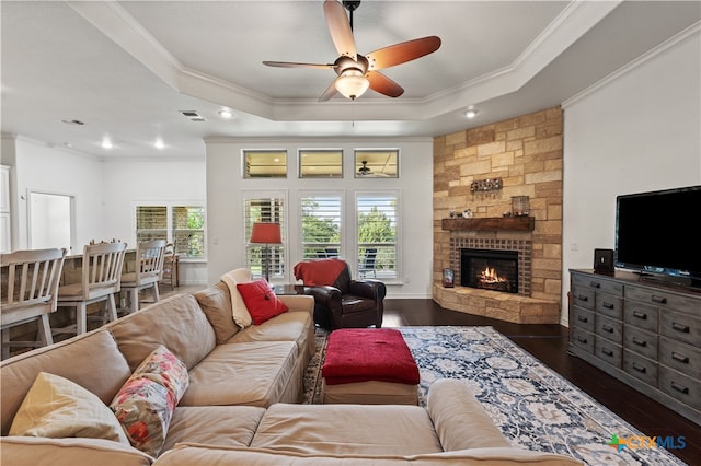 living room with a raised ceiling, a stone fireplace, dark hardwood / wood-style flooring, and ornamental molding