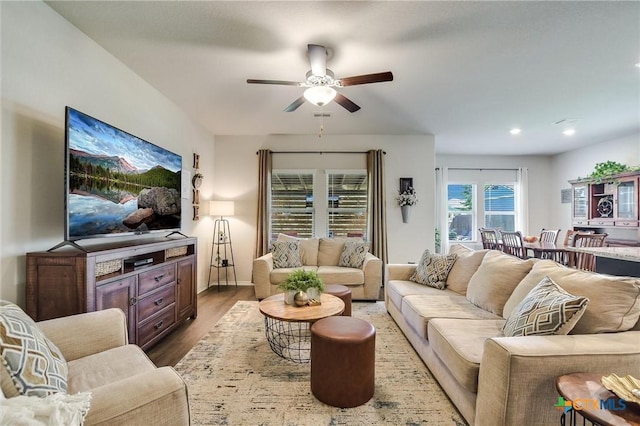 272 Adoquin Trl, Buda, TX 78610 - living area featuring wood finished floors, ceiling fan, and recessed lighting