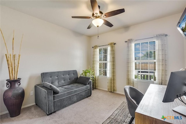 272 Adoquin Trl, Buda, TX 78610 - office with light colored carpet, ceiling fan, and baseboards