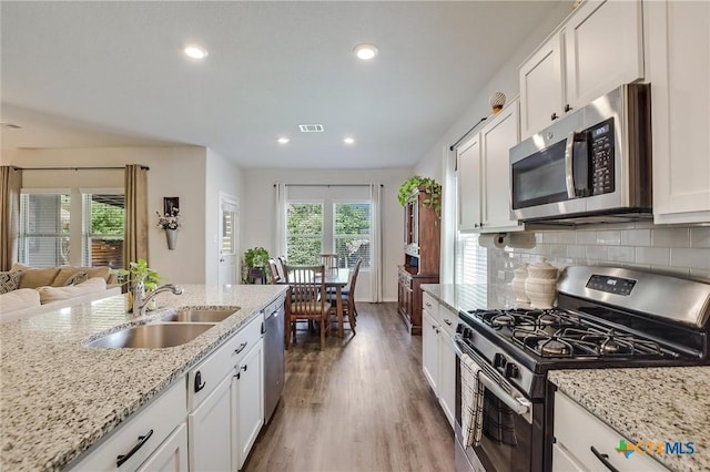 272 Adoquin Trl, Buda, TX 78610 - kitchen featuring stainless steel appliances, a sink, plenty of natural light, wood finished floors, and recessed lighting