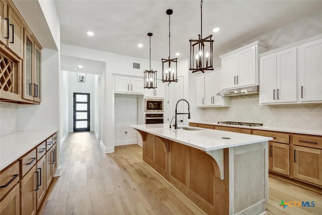 kitchen with a center island with sink, under cabinet range hood, stainless steel appliances, light wood-style floors, and a sink