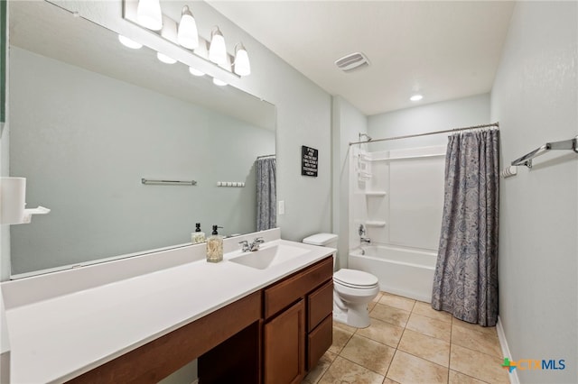 full bath featuring shower / bath combo, vanity, toilet, tile patterned flooring, and visible vents