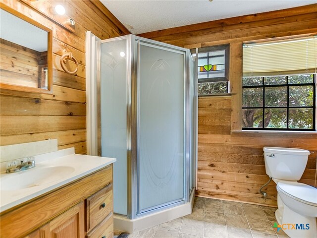 bathroom with wooden walls, a healthy amount of sunlight, and vanity