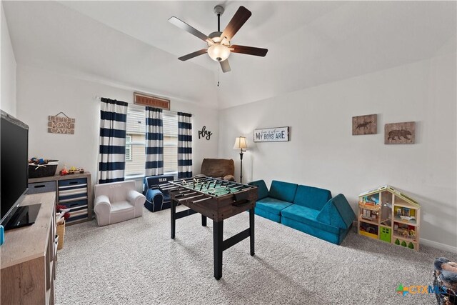 810 Mclaury Cv, Killeen, TX 76542 - rec room featuring ceiling fan, vaulted ceiling, and carpet
