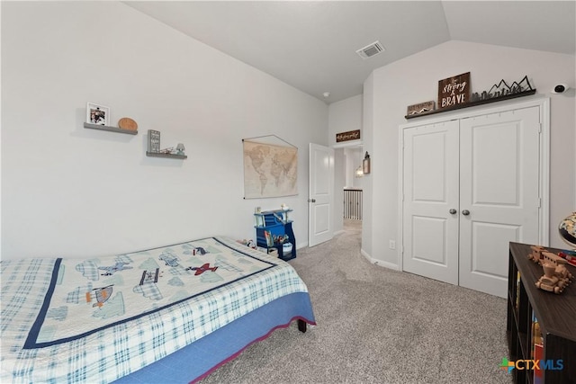 810 Mclaury Cv, Killeen, TX 76542 - bedroom featuring visible vents, a closet, baseboards, carpet flooring, and vaulted ceiling