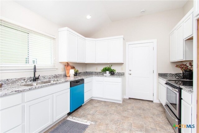 1418 Cedar Ln, Temple, TX 76502 - kitchen with dishwasher, a sink, stainless steel range with electric stovetop, vaulted ceiling, and white cabinets