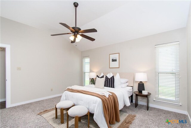 1418 Cedar Ln, Temple, TX 76502 - bedroom featuring vaulted ceiling, carpet floors, baseboards, and a ceiling fan