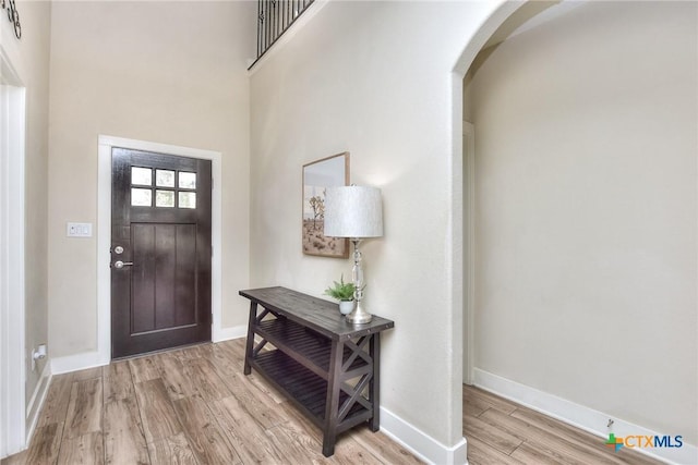 foyer entrance featuring a towering ceiling and light hardwood / wood-style floors