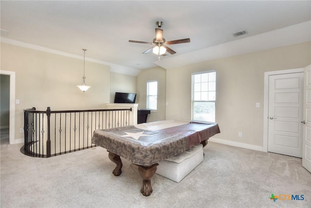 playroom with lofted ceiling, light colored carpet, ceiling fan, and billiards