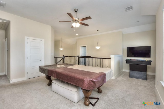 recreation room featuring ceiling fan, billiards, and light carpet