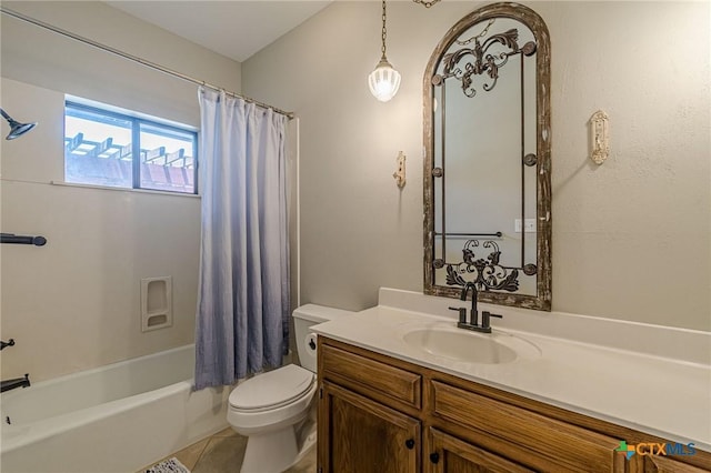 806 Northstar Loop, New Braunfels, TX 78130 - bathroom with vanity, toilet, shower / tub combo, and tile patterned floors