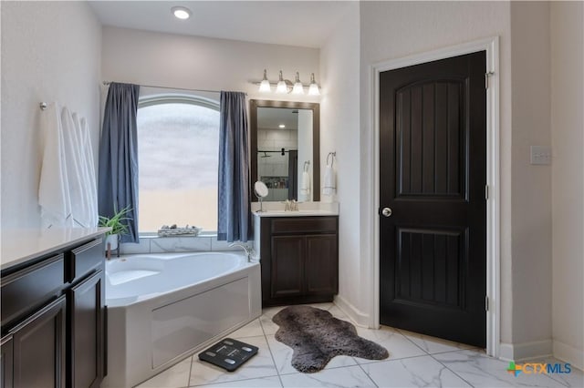 1531 Esser Xing, Canyon Lake, TX 78132 - bathroom with a bath, vanity, marble finish floors, and a shower